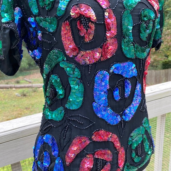 Vintage 80s Beaded Sequin Floral Silk Formal Top - Picture 4 of 13